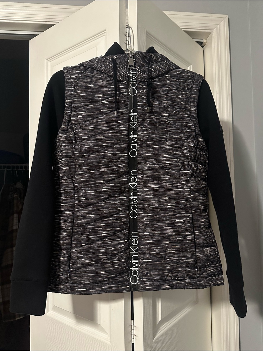 Calvin Klein Black Heathered Hooded Puffer Jacket Double Layers XS